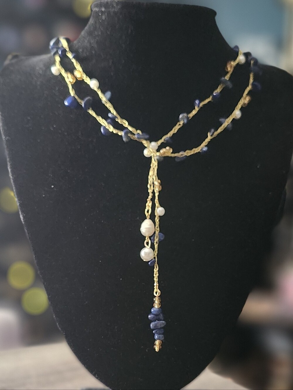 Lapis Lazuli Beaded Lariat Necklace with Irregular Pearl Pendant